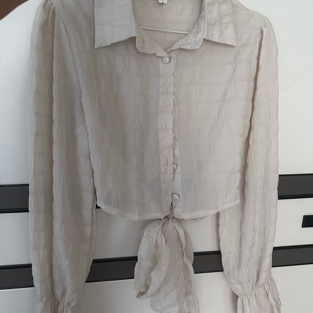 Cream Long Sleeve Crop Blouse with Tie Front